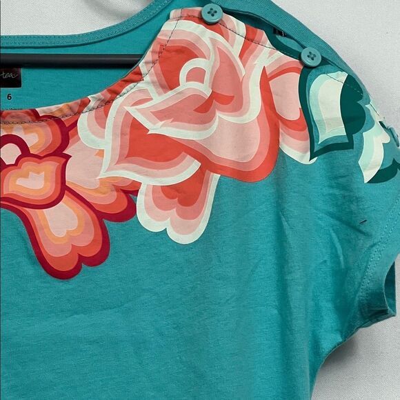 Tea Collection teal and peach floral short sleeve knit dress with pockets size 6 - Picture 6 of 11